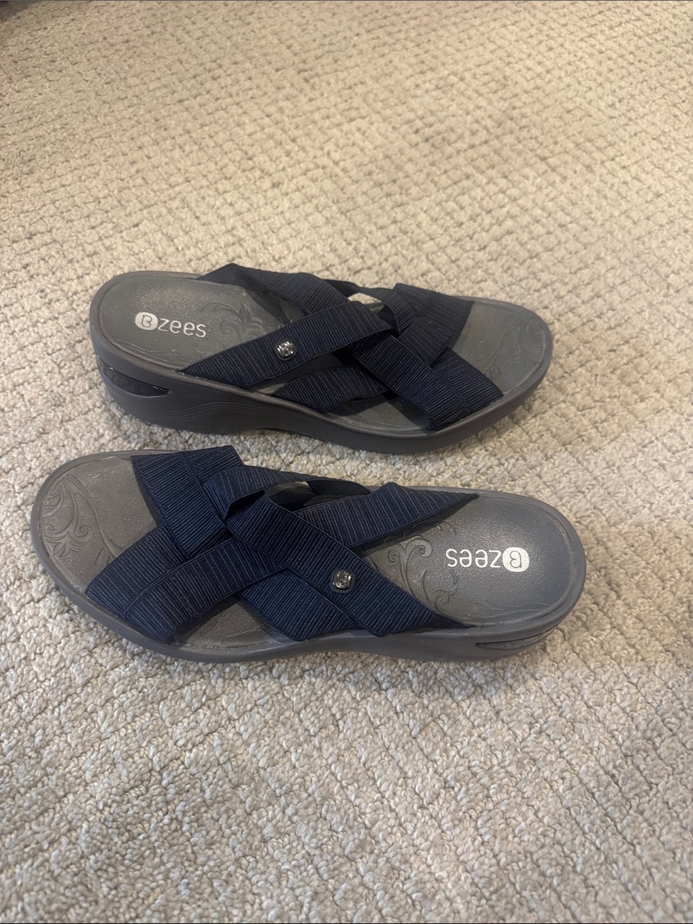 Bzees Navy Cross-Band Slip-On Wedge Sandals